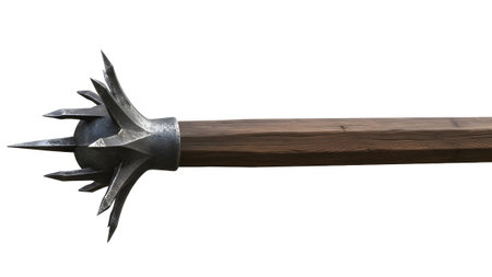 White showing close up of a wooden club with a metal spiked head on white background.