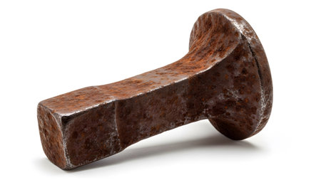Spike showing close-up of rusty square head railroad spike with thick shank on white background....の写真素材