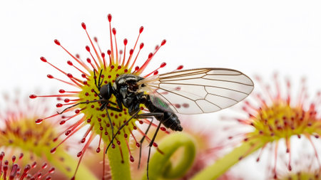 Carnivorous showing a fly trapped on the sticky tentacles of a carnivorous sundew plant.