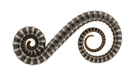 Millipede showing a coiled millipede body segment with black and white stripes forming an s...