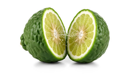 A vibrant green lime is sliced in half, showcasing its juicy interior and splashing water...