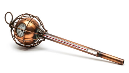 showing antique copper thermometer with wire cage and red liquid column. resolution...