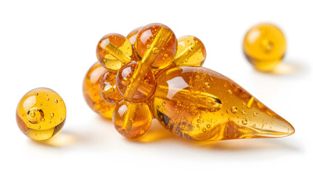 An amber-colored resin cluster of spheres and a teardrop shape with two small spheres sits on white.