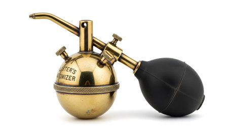 Background showing antique brass atomizer with a black rubber bulb and a curved nozzle on white...