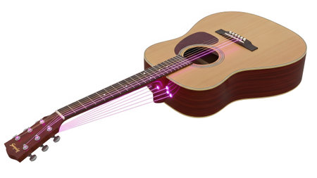 Pink showing acoustic guitar with glowing pink sound waves emanating from the strings and neck....