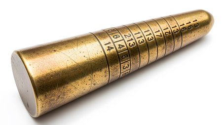 Mandrel showing antique brass ring sizer mandrel with engraved numbers and visible scratches on...