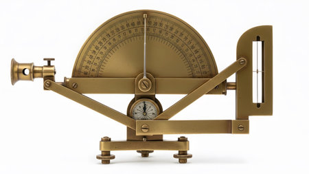 Background showing antique brass inclinometer with sighting telescope and compass on white...