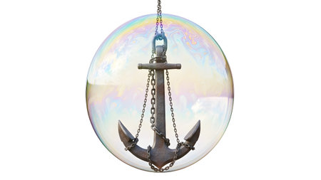 showing anchor suspended inside a large iridescent soap bubble on white background.