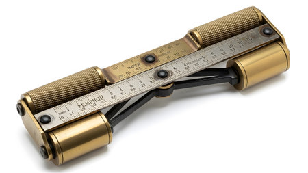 Background showing antique brass measuring tool with knurled handles and sliding rulers on white...