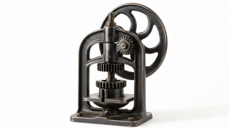 An antique dark gray cast iron mechanical device with a large spoked flywheel and visible gears...