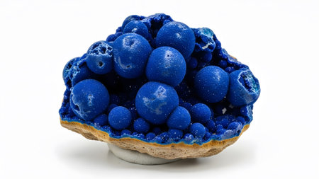 A vibrant cluster of deep blue spherical azurite formations sits on a tan mineral matrix with...