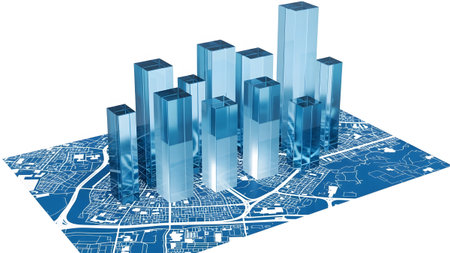 showing blue glass skyscrapers rising from a stylized blue city map on a white background....