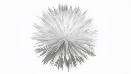 A white abstract form with numerous sharp, radiating spikes creates a starburst effect....