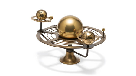Orrery showing brass orrery model with sun and two earth globes on a pedestal on white...