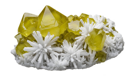 Matrix showing bright yellow adamite crystals with white calcite rosettes on mineral matrix....
