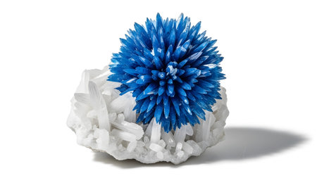 A bright blue crystal cluster, shaped like a starburst, rests on a base of white quartz...