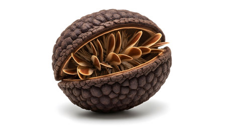 Stock showing brown textured seed pod with a central cluster of tan seeds and fibers.