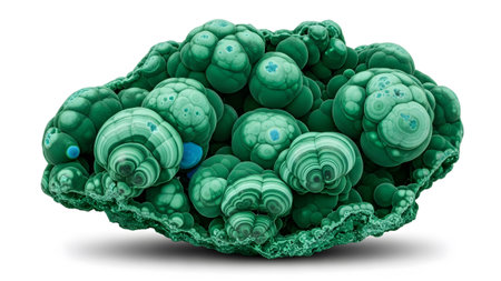A botryoidal malachite mineral formation showcases rounded green clusters with visible...