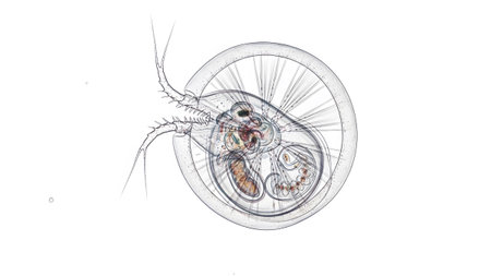 A detailed microscopic of a transparent rotifer, showcasing its internal structures and delicate...