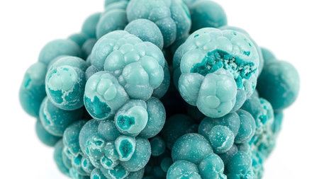 A close-up view of a cluster of blue-green botryoidal malachite mineral formations, revealing...