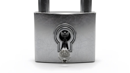 A metallic padlock with visible scratches and a clear water droplet suspended from its keyhole.