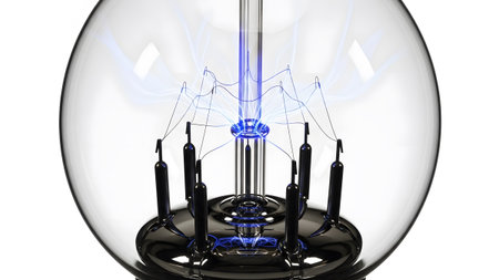 Blue showing close up of a glass plasma ball with blue electrical arcs emanating from the center...