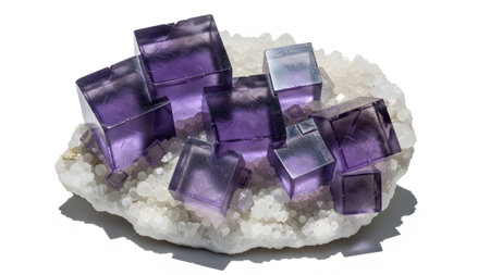 Granular showing arrangement of deep purple cubic fluorite crystals on a white granular quartz...
