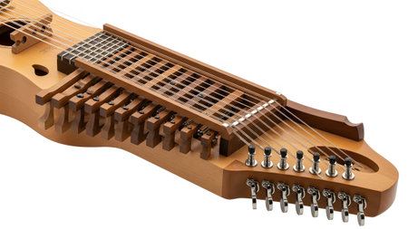 (452) showing close-up view of the intricate wooden neck and tuning pegs of a nyckelharpa...