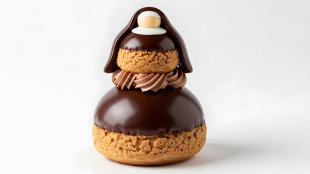 Frosting showing chocolate glazed choux pastry shaped like a nun with cream filling and...