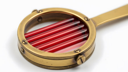 Circular showing close-up of a vintage brass circular scientific instrument with red glass rods.