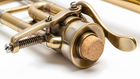 A close-up view of a brass trombone valve mechanism with a cork stopper and metallic details on...