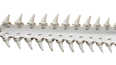 Background showing close up of a white shark jaw bone with many sharp white teeth on a white...