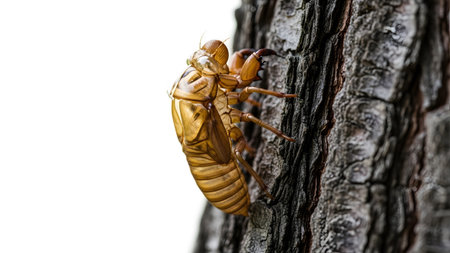 A close-up view of a brittle golden cicada exoskeleton firmly attached to the rough, dark bark...