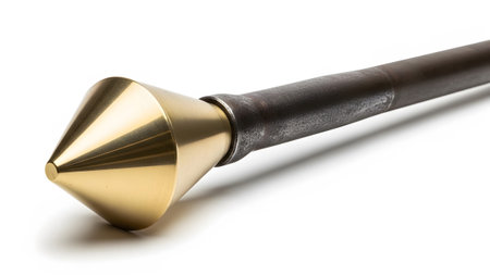 Background showing close-up of a brass conical tip attached to a dark metal rod on a white...