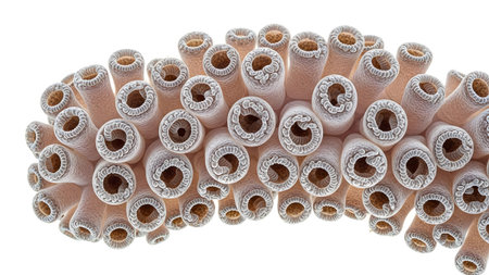 Intricate close-up of a cluster of tubular structures with intricate circular openings...