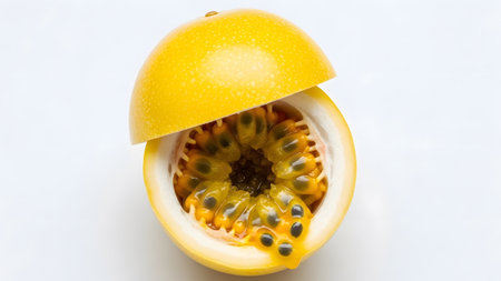 Passion showing bright yellow passion fruit halved showing juicy pulp and black seeds.