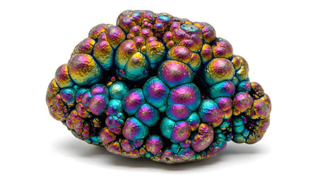 A detailed macro view of an iridescent mineral featuring a bubbly surface with vibrant hues of...