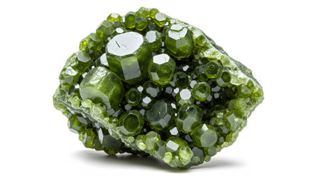 A close-up view of a cluster of bright green dodecahedron crystals with sharp edges and facets.