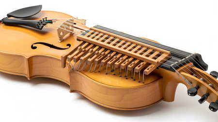 A close-up view of a nyckelharpa, a stringed musical instrument, showcasing its wooden keys and...