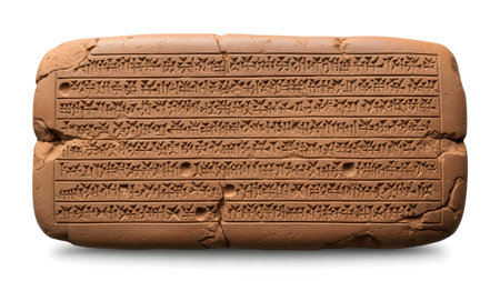Inscriptions showing cracked clay tablet with cuneiform inscriptions on a white background.
