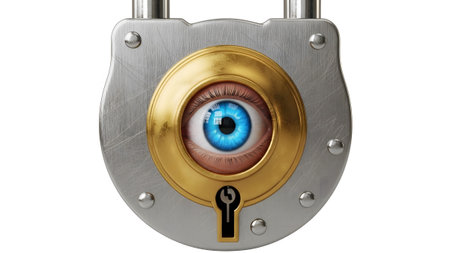 Detailed showing close-up of a silver padlock with a golden ring around a blue eye and keyhole...