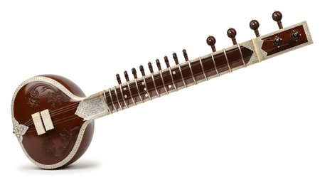 showing brown wooden sitar with silver inlay and intricate carvings on a white background...