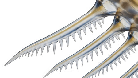Multiple translucent segmented appendages with sharp pointed spines extending outwards on a...