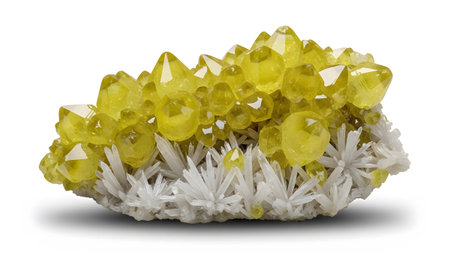 A cluster of bright yellow cubic and prismatic sulfur crystals is interspersed with white...