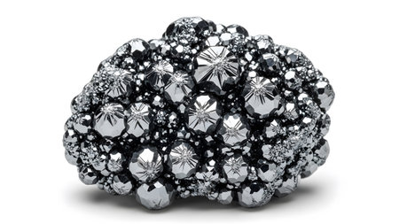 Cluster showing cluster of metallic, faceted mineral crystals with sharp edges and reflective...