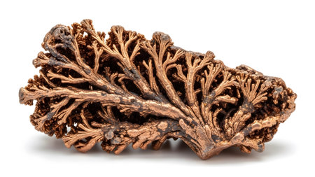 A dendritic copper mineral specimen detailed branching formations with a metallic brown sheen...