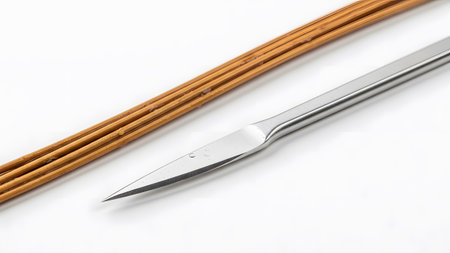 Silver showing close-up of silver spearhead with wooden rod on white background. resolution...