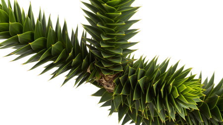 Leaves showing close-up of dense green araucaria branches with sharp pointed leaves on white...