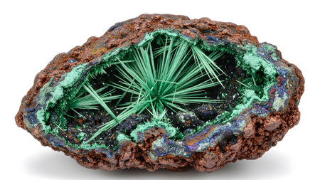 A rough copper-colored geode cavity reveals sharp, vibrant green acicular crystals radiating...
