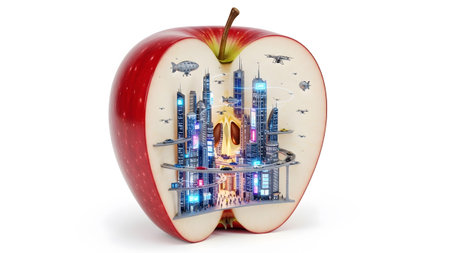 Detailed showing detailed futuristic city inside a red apple with drones and flying cars.